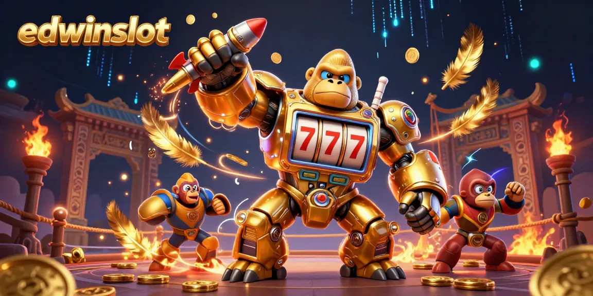 Engage in thrilling gameplay with edwinslot's dynamic 3D casino hero featuring a golden mech and slot machine elements.