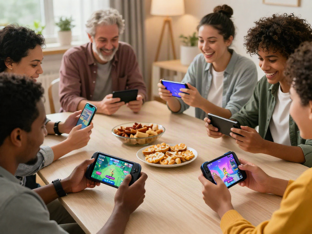 Adults enjoying Yono Games app in a cozy living room, showcasing interactive gameplay.