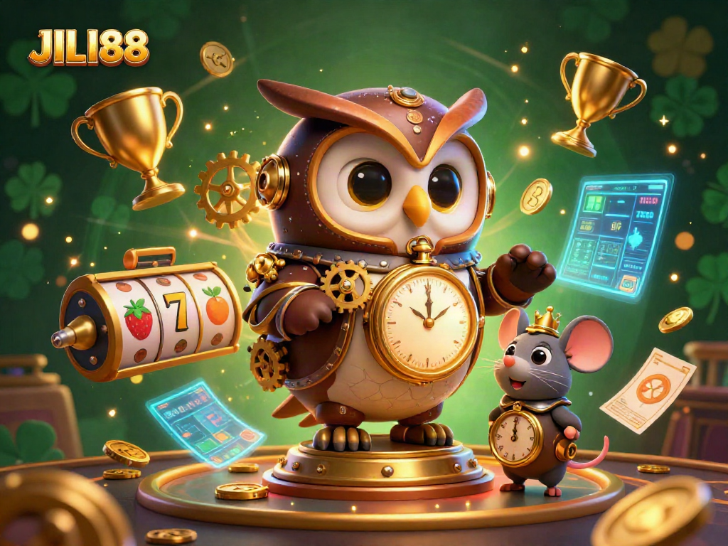 Bet on JILI88 with a 3D scene depicting a time-traveler owl and thrilling casino elements.