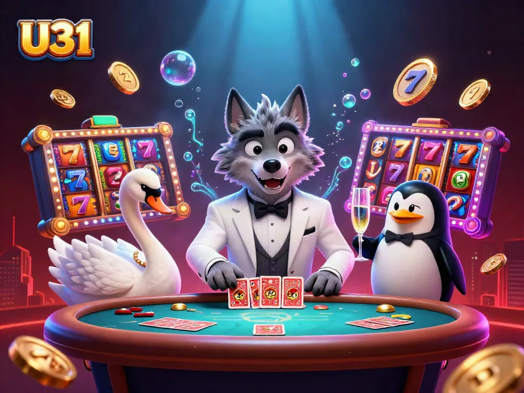 Play casino games with U31's thrilling slots and bonus symbols in a vibrant cartoon scene