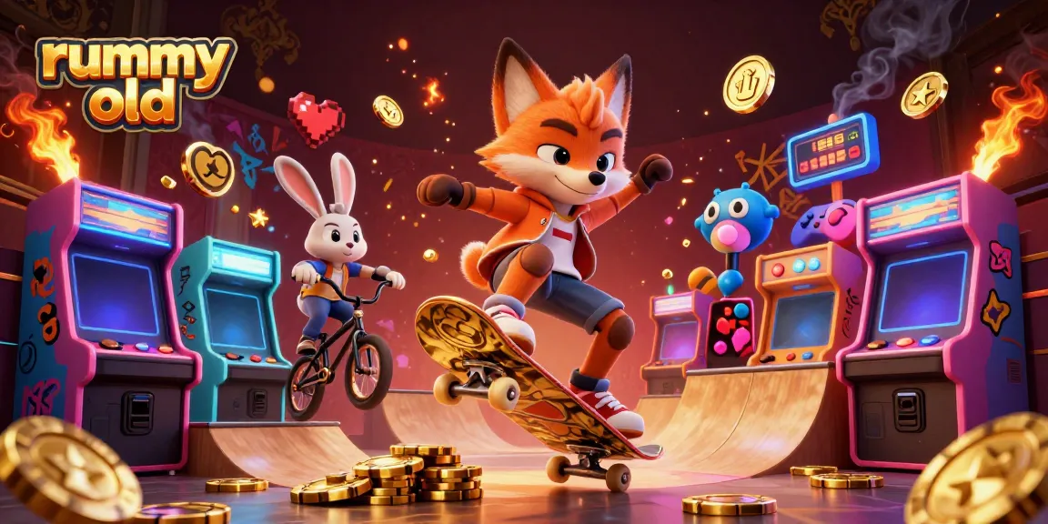 Experience thrilling gameplay with Rummy Old, showcasing animated characters amidst vibrant casino elements.