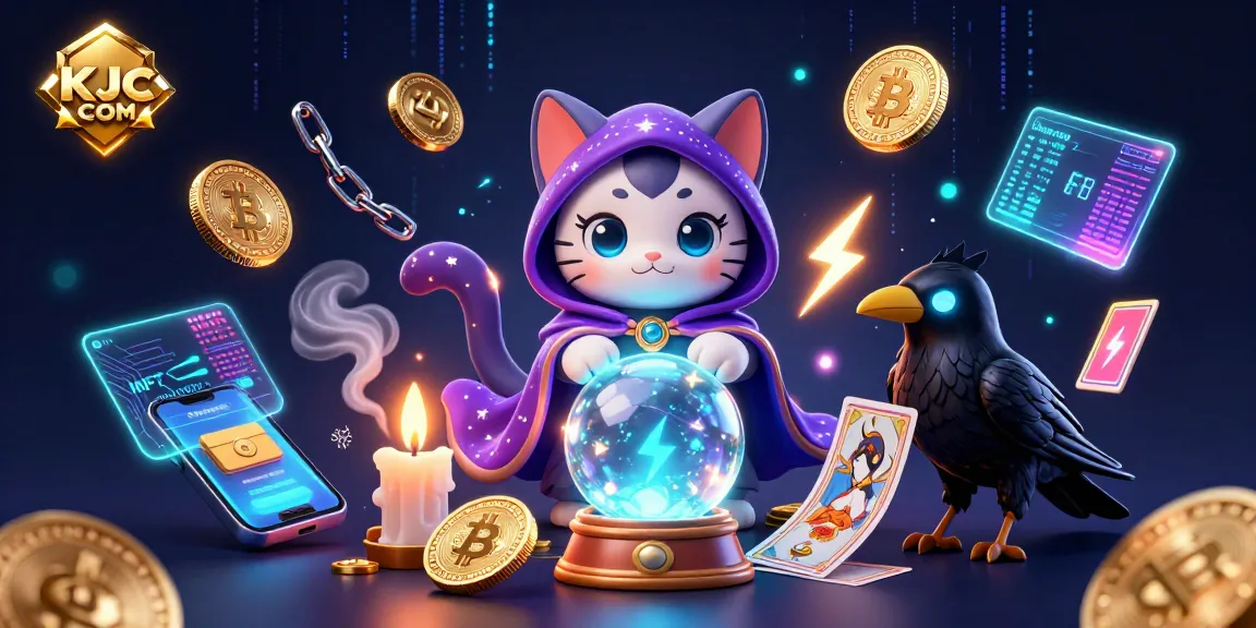 Experience thrilling gameplay at KJC COM with cartoon characters like a mystic cat and tarot raven surrounded by vibrant crypto elements.
