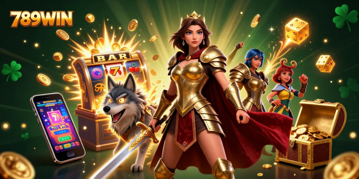 Engage with 789WIN in a vibrant 3D casino scene, featuring a warrior queen and slot machines bursting with excitement.