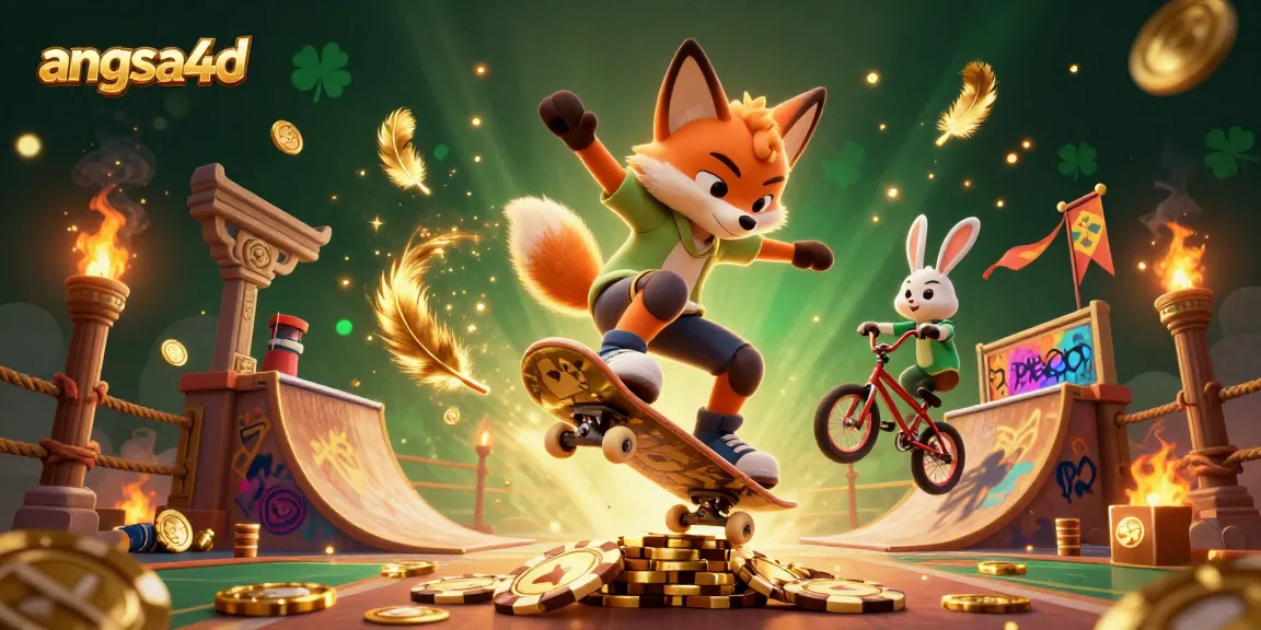 Experience fun with angsa4d as a fox skateboards over golden chips in a lively casino scene.