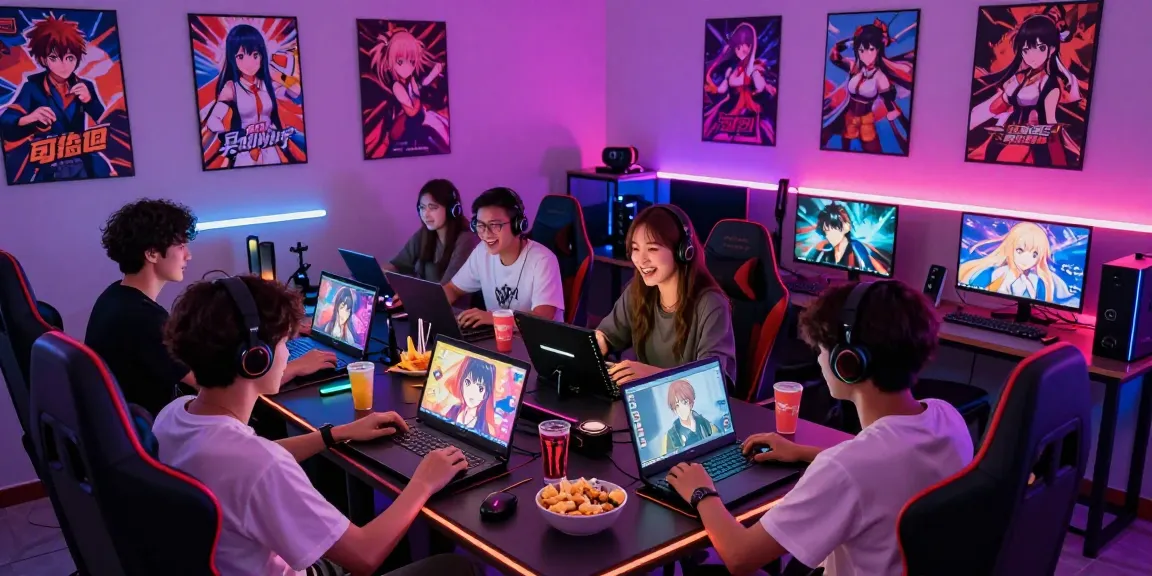 Young adults enjoying hentai games in a vibrant gaming room.
