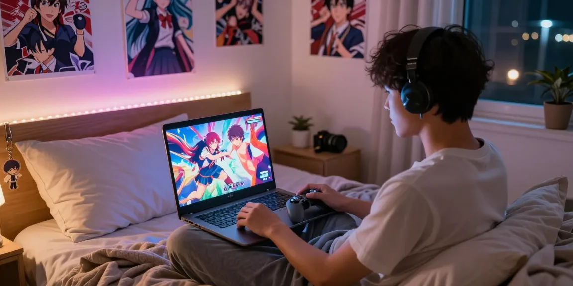 Engaged player enjoying hentai games on a cozy bed with vibrant anime graphics
