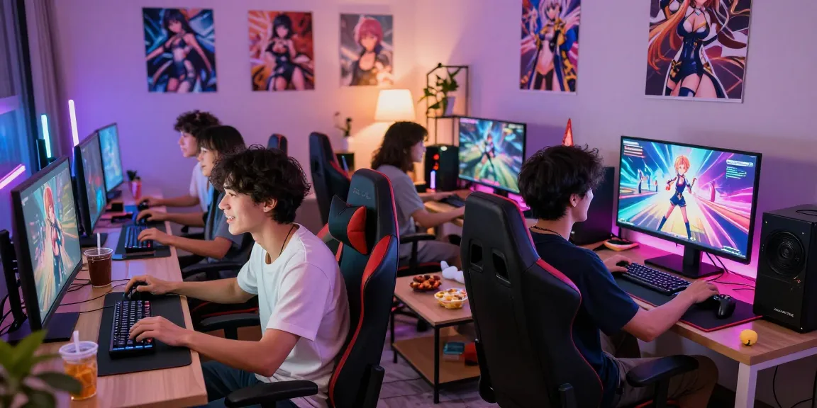 Engaged players enjoying a 3D ecchi game in a lively modern gaming room with vibrant lighting.
