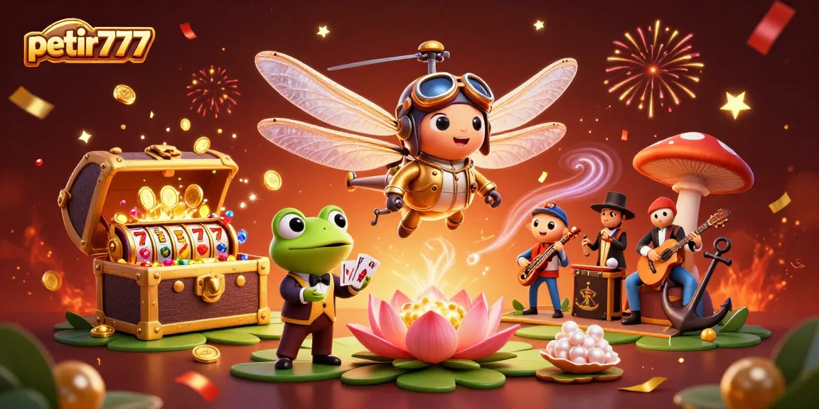 Engage with the vibrant petir777 gaming scene featuring a dragonfly pilot and frog dealer surrounded by casino thrill.