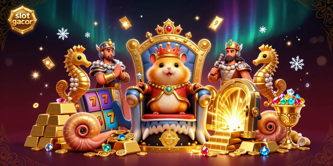 Slot gacor yang menggambarkan raja hamster emas dengan mahkota karang di atas kursi gigi hiu megalodon.