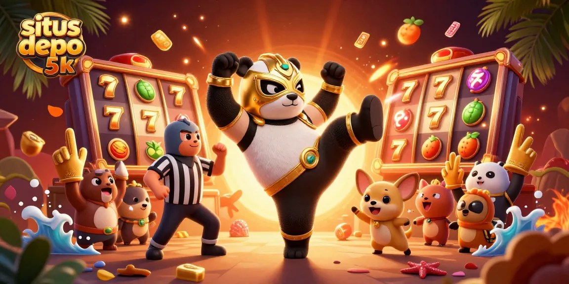 Engage with situs depo 5k as a panda wrestler kicks into action surrounded by spinning slot reels and cheering animal spectators.