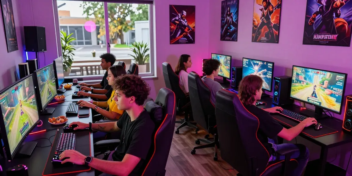 Friends enjoying a gaming session at hit club lounge with vibrant colors.