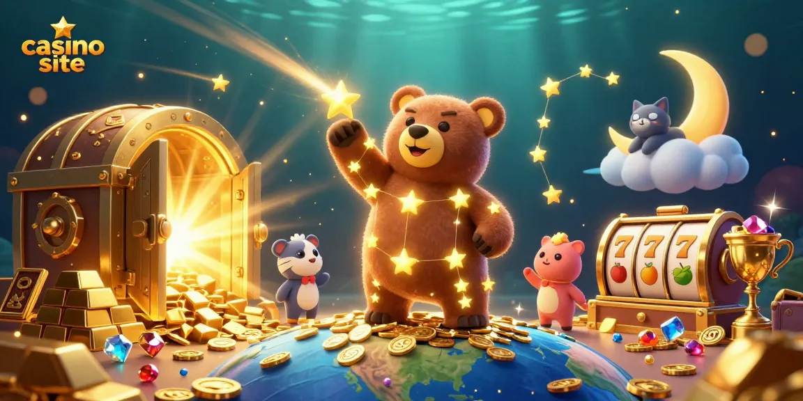 Engage with a vibrant casino site scene featuring a constellation bear collecting coins amidst slot reels and shimmering gems.
