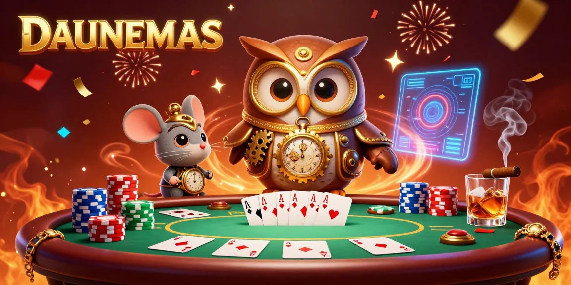 Experience exciting gameplay with DAUNEMAS in this vibrant 3D casino scene featuring poker elements.