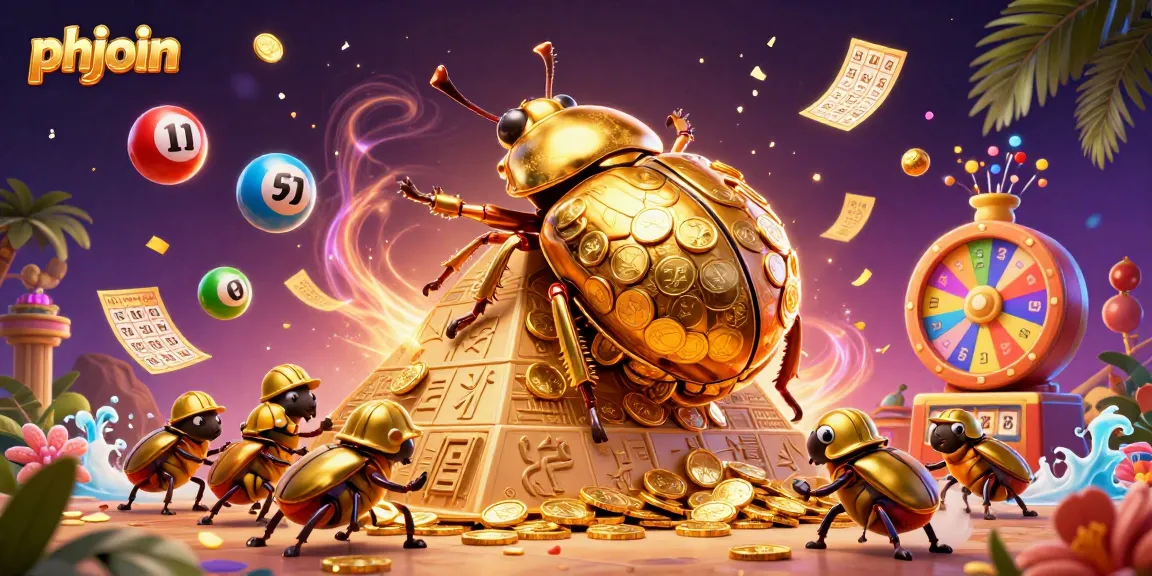Experience exciting phjoin promotions as golden beetles roll coins at a vibrant casino.