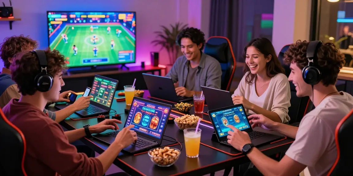 Friends enjoying mobile earning games like Teen Patti in a vibrant gaming room.